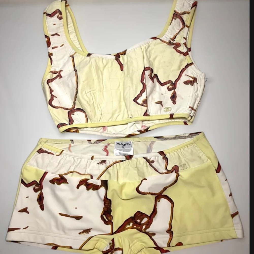 Vintage CHANEL Cream and Yellow Abstract Print Swimsuit